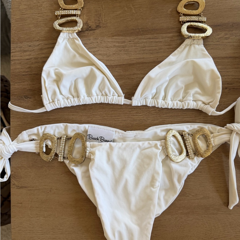 Beach Bunny White Triangle Bikini with Gold Decorative Buckles